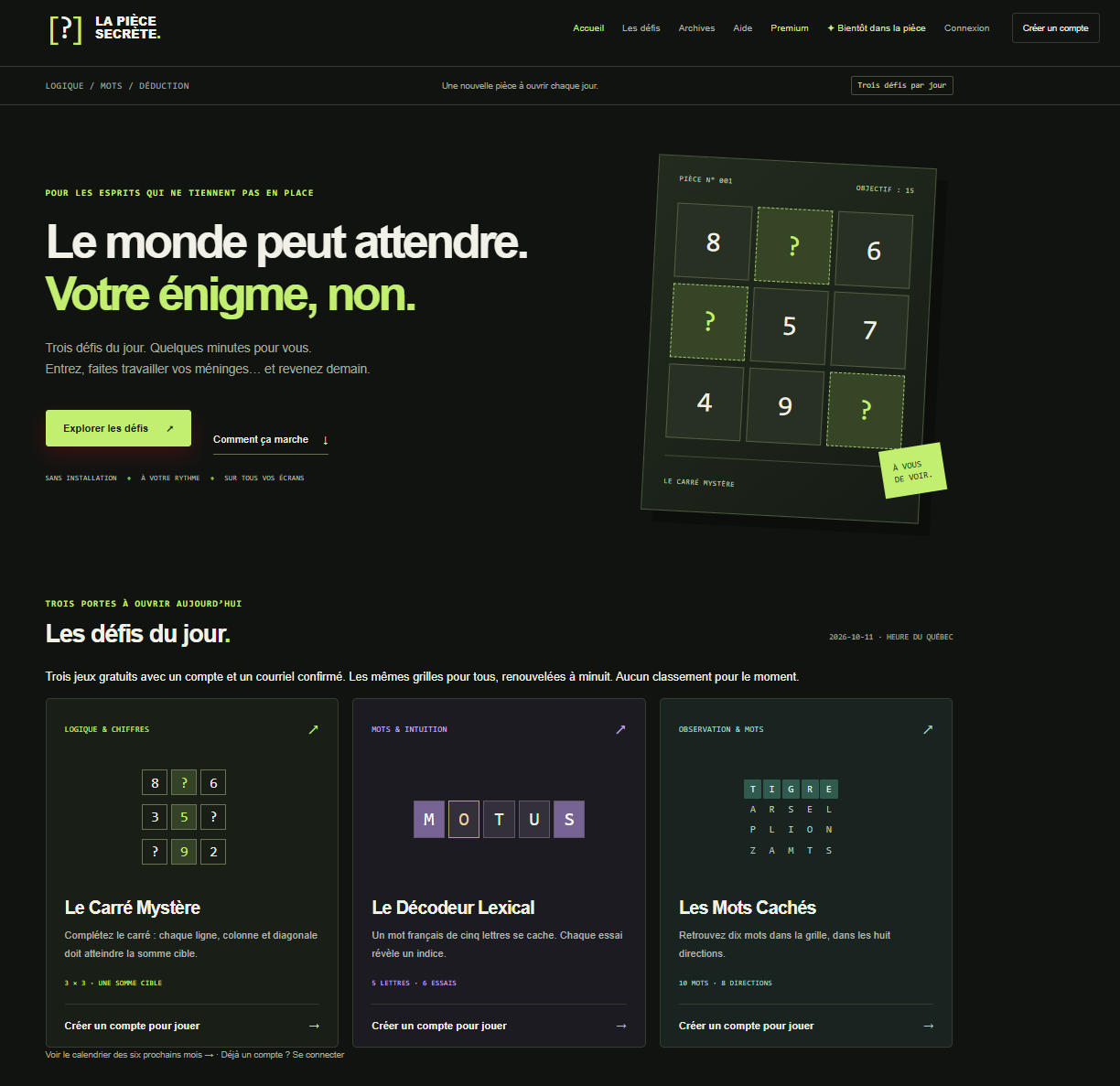 Aperçu de la page d’accueil de La Pièce Secrète et de ses jeux de logique