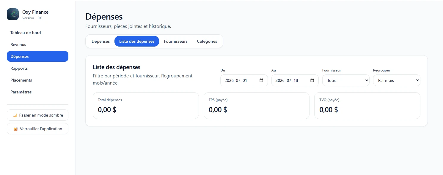 Liste filtrable des dépenses dans Oxy Finance