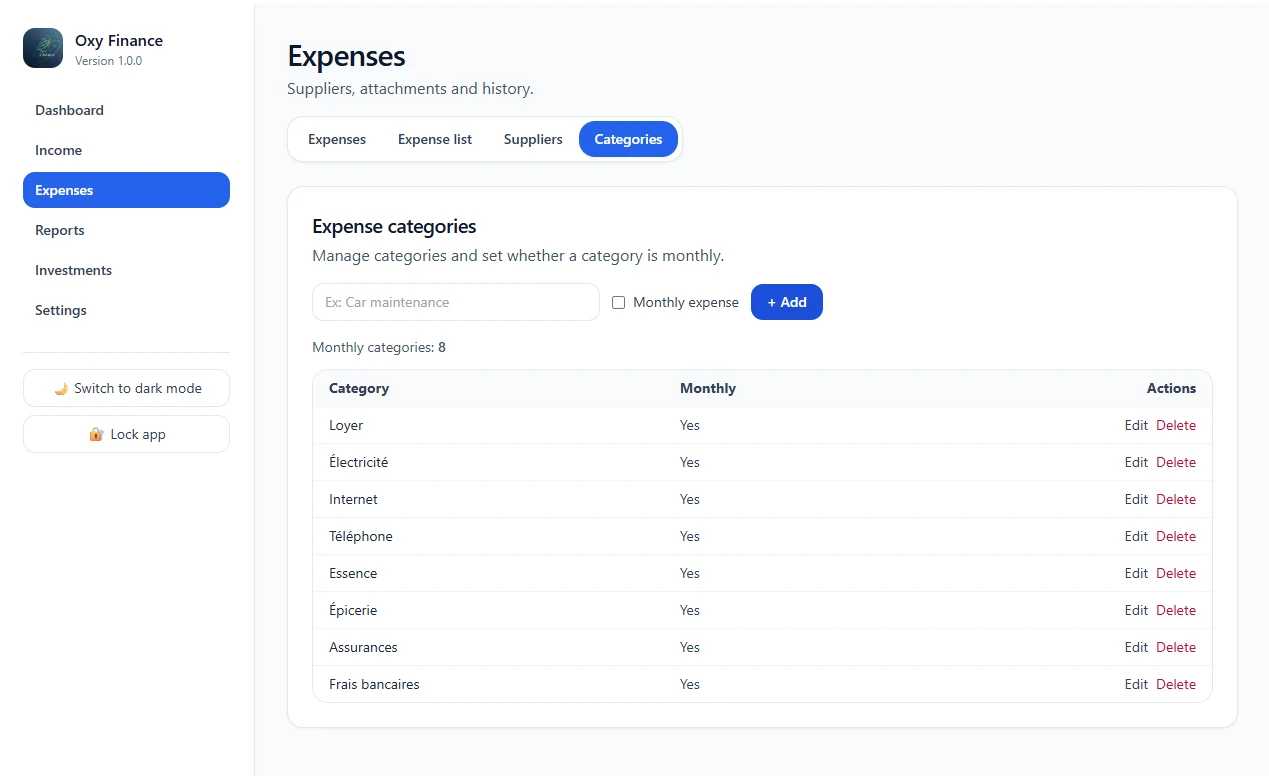 Expense category management in Oxy Finance