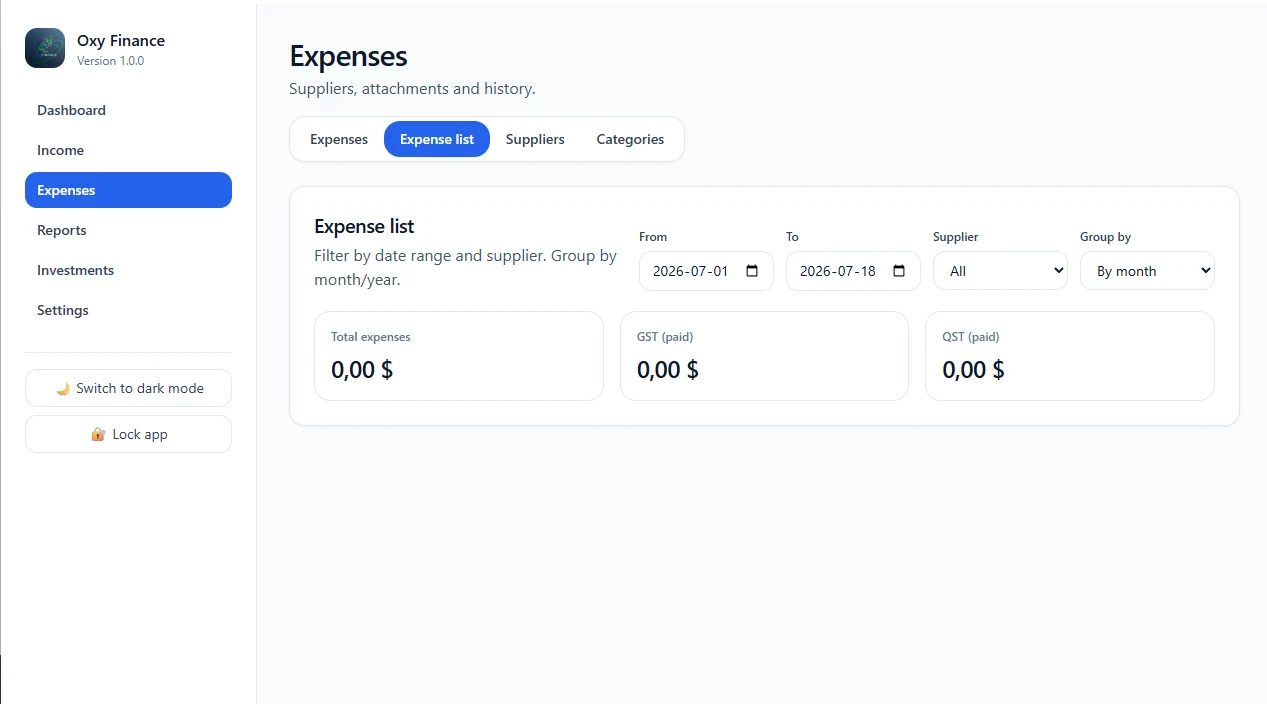 Expense list and filters in Oxy Finance