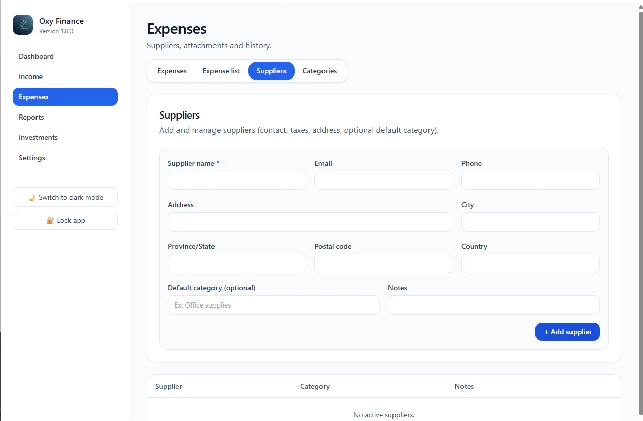 Supplier management form in Oxy Finance