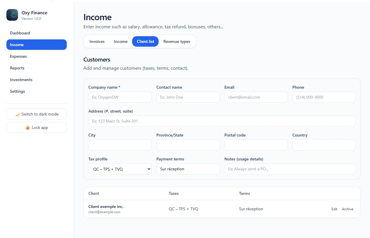 Customer management screen in Oxy Finance