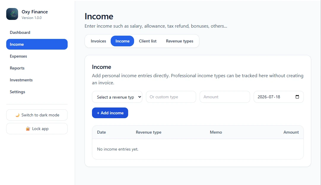 Direct income entry form in Oxy Finance