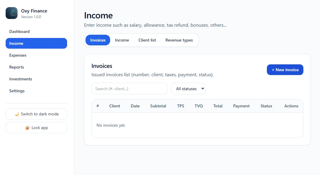 Invoices screen in Oxy Finance