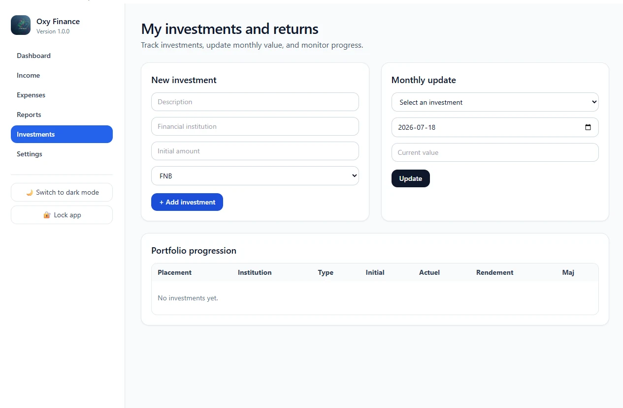 Investments and returns screen in Oxy Finance
