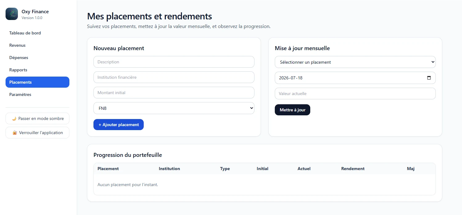 Écran Mes placements et rendements dans Oxy Finance