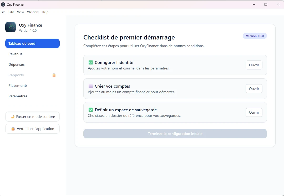 Checklist de premier démarrage dans Oxy Finance