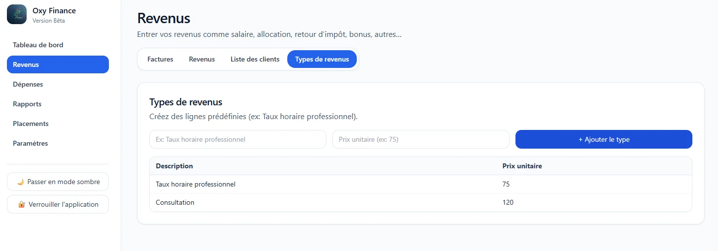 Écran de gestion des types de revenus dans Oxy Finance